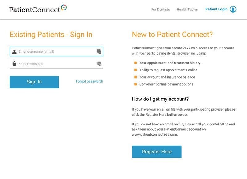 screenshot of the patient portal login screen